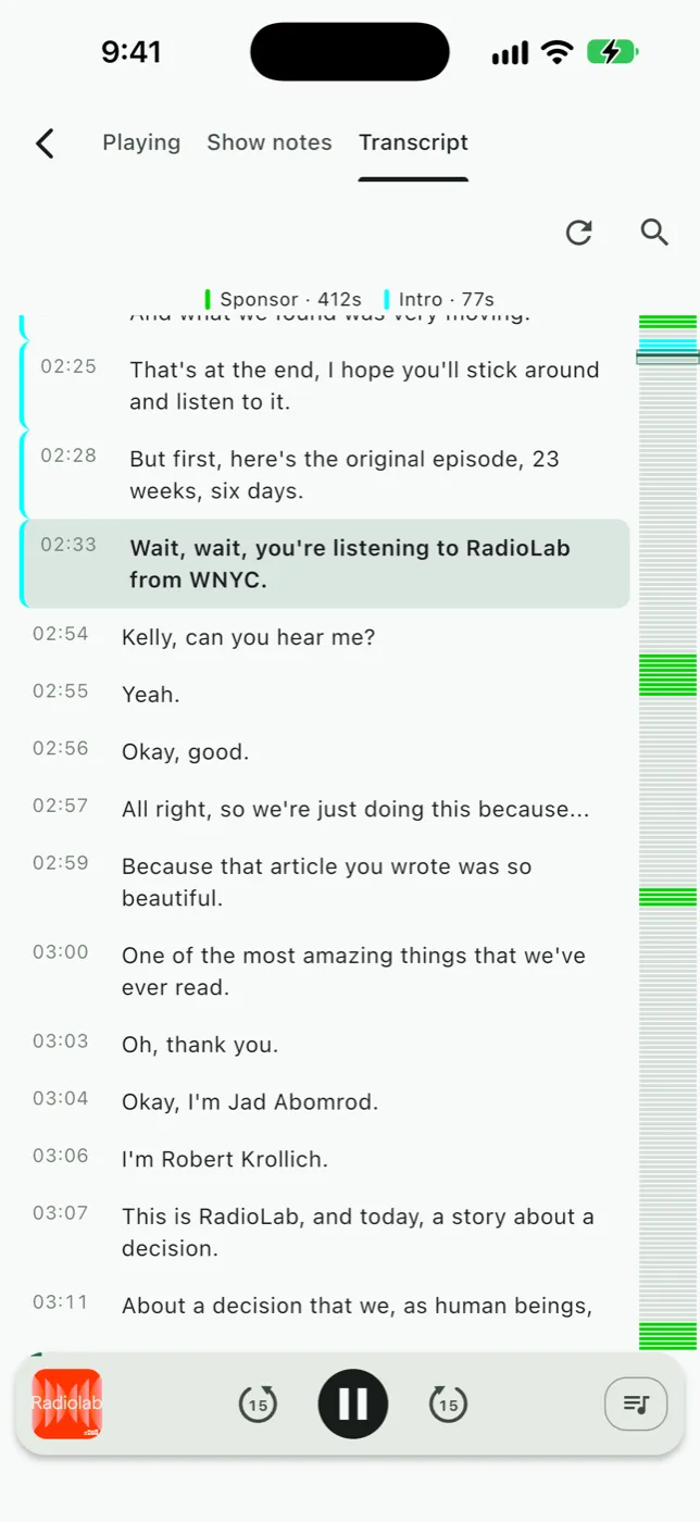 Podsnap's transcript view, following the episode as it plays